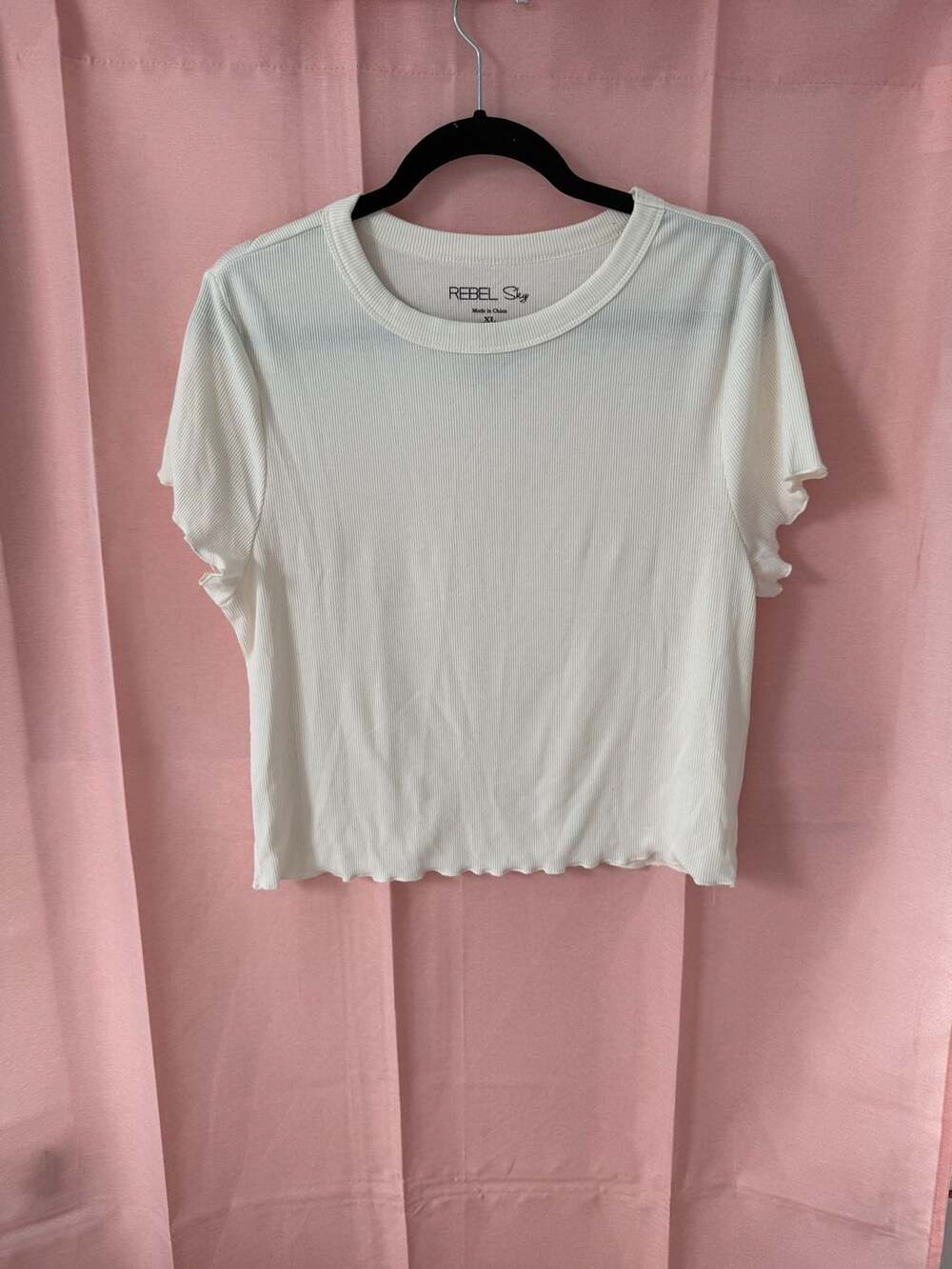 Rebel Sky Ribbed Lettuce-Edge Short Sleeve Crop Top
